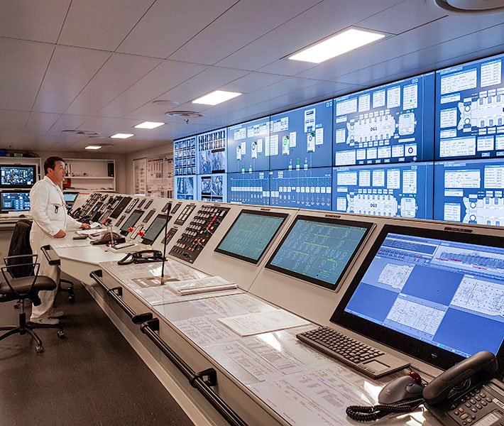 A ship's control room with advanced monitoring screens and equipment | MSC Cruises A ship's control room with advanced monitoring screens and equipment | MSC Cruises