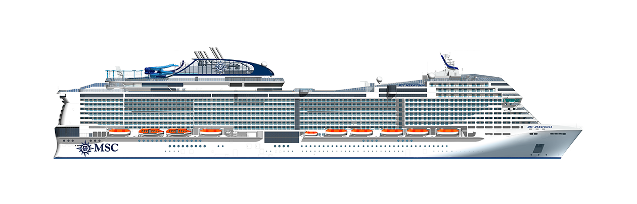 A detailed side view of an MSC cruise ship with lifeboats and modern amenities | MSC Cruises A detailed side view of an MSC cruise ship with lifeboats and modern amenities | MSC Cruises