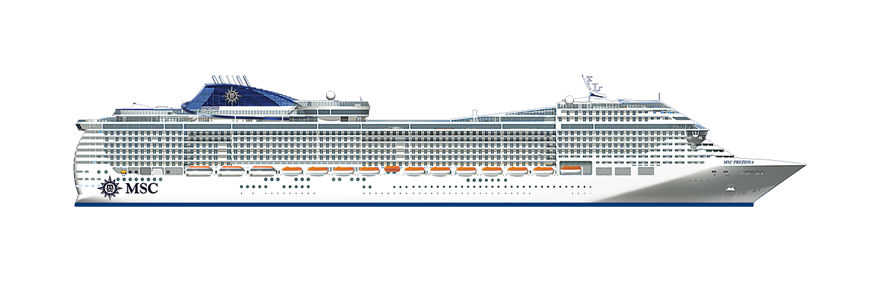 Side view of the MSC Poesia cruise ship with lifeboats and sleek design | MSC Cruises Side view of the MSC Poesia cruise ship with lifeboats and sleek design | MSC Cruises