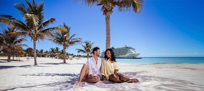 Cruises in the Caribbean, Ocean Cay MSC Marine Reserve, Bahamas, couple on beach, cruise ship | MSC Cruises